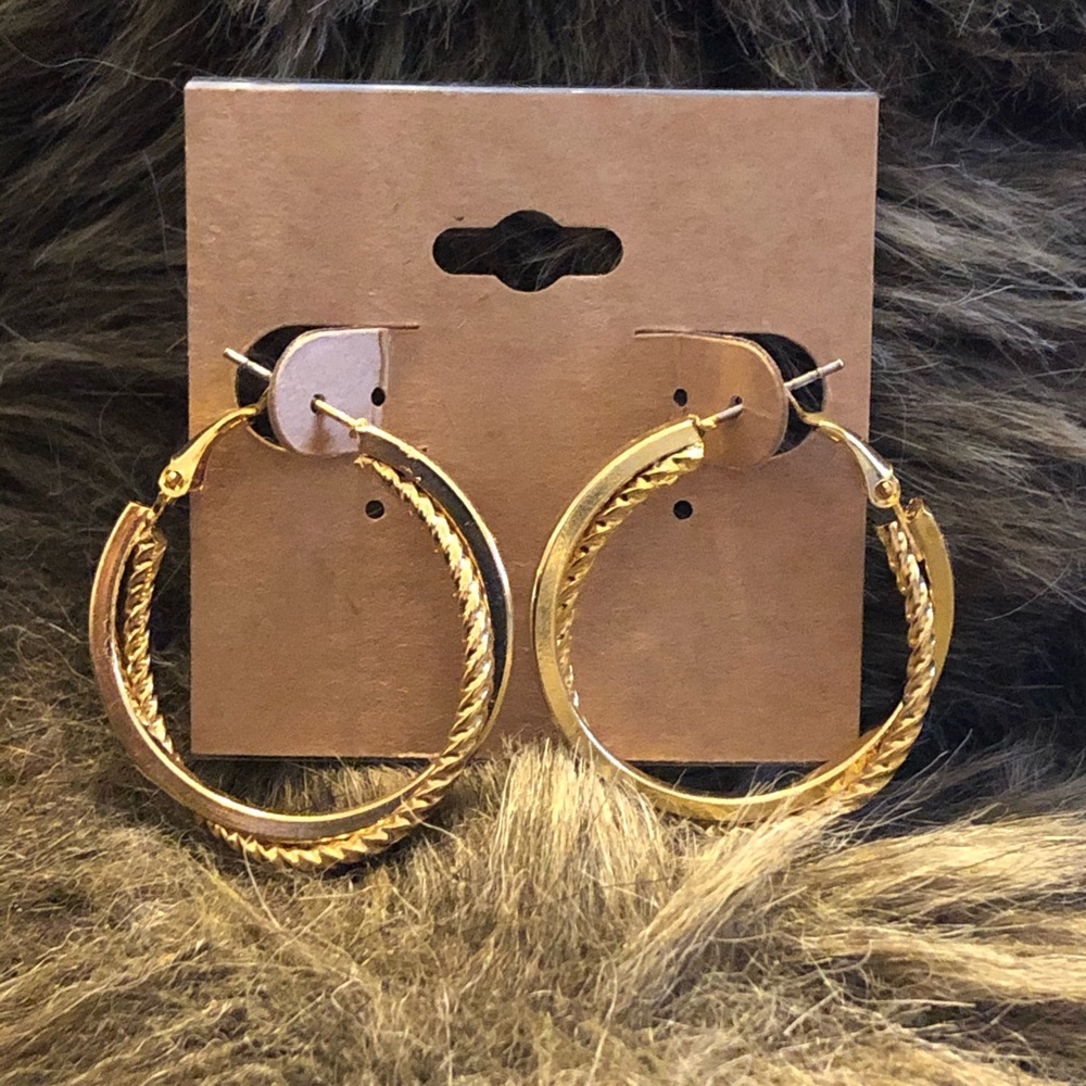Gold plated double loop omega back hoop earrings